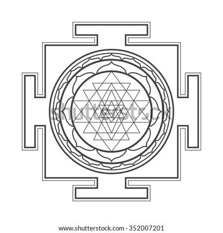 vector black outline hinduism Sri yantra Sri Chakra illustration triangles diagram isolated on white background
 Royalty-Free Stock Photo #352007201