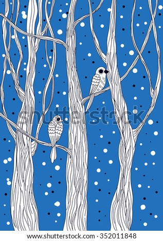 Doodle winter card. Birds on trees and falling snow. Christmas illustration.