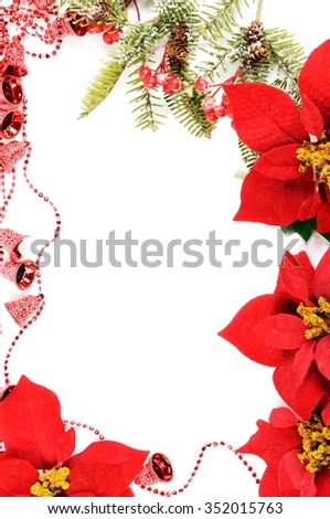 Christmas frame, poinsettia and holly decoration on a white background