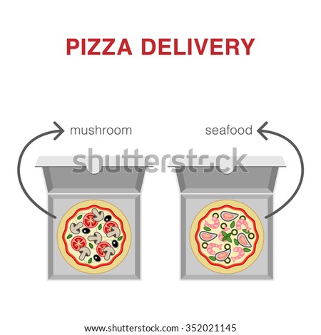 Two different types of pizza in boxes: mushroom and seafood. Pizza Delivery Illustration 