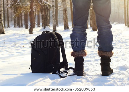 Winter forest man foot