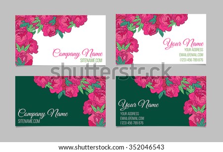 Double-sided business card template with beautiful peonies on green and white backgrounds
