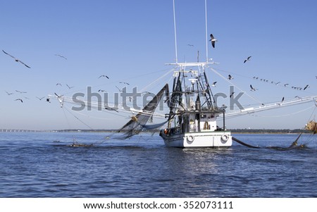 Shrimping Boat off of Biloxi and Ocean Springs Coast with Small dolphin next to left net Royalty-Free Stock Photo #352073111