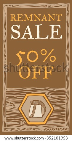 Electric kettle remnant sale, wood texture. 50 percent off. Vector retro flyer template. Vintage style, brown colors. Hand drawn, pen ink. Design element for flyer, banner, advertisement, promotion