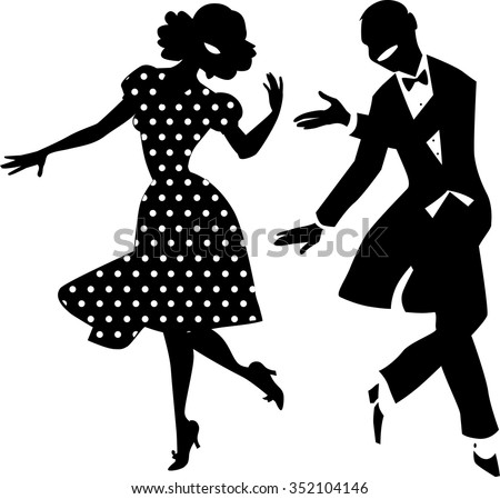 Black vector silhouette of a dancing couple in vintage apparel, no white objects, EPS 8