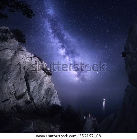 Milky Way. Beautiful night landscape with rocks, sea and starry sky. Nature Background