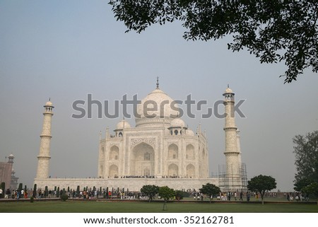 Taj Mahal in Agra, Uttar Pradesh, India from the different view with copy space. Picture shot during foggy morning and dull weather.