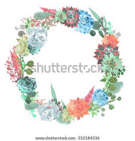 
wreath composed of plant elements , hand-painted watercolor - succulent , pistil, stamen, leaf, bud