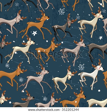 Seamless vintage dark blue pattern with galloping deers. Endless texture for your design, announcements, greeting cards, postcards, posters.