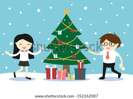 Business woman and businessman feeling happy with a Christmas tree and gift boxes. Vector illustration.