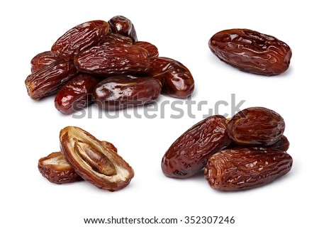 Dried dates (fruits of date palm Phoenix dactylifera).  Clipping paths for both objects and shadows. Infinite depth of field, retouched. Set, bundle,collection Royalty-Free Stock Photo #352307246