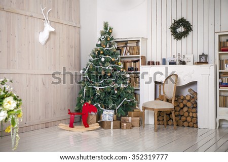 Christmas decorated room, photo studio interior 