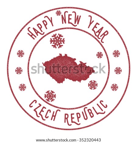 Retro Happy New Year Czech Republic Stamp. Vector rubber stamp with map of Czech Republic, Happy New Year text and falling snow