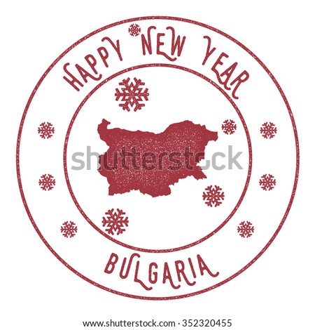 Retro Happy New Year Bulgaria Stamp. Vector rubber stamp with map of Bulgaria, Happy New Year text and falling snow