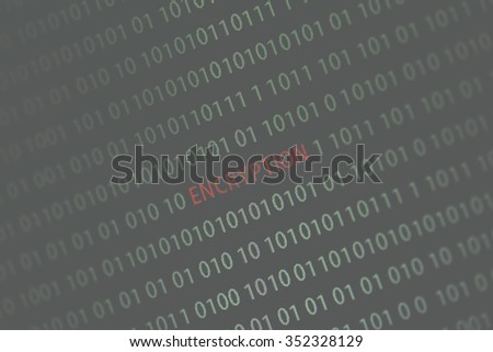 'Encryption' word in the middle of the computer screen surrounded by numbers zero and one. Image is taken in a small angle. Image has a vintage effect applied.