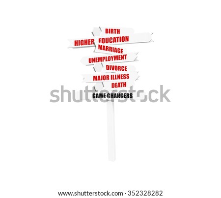 Game Changers (Birth, Death, Marriage, Serious Illness, Unemployment, Higher Education, Divorce) life status sign post isolated on white background