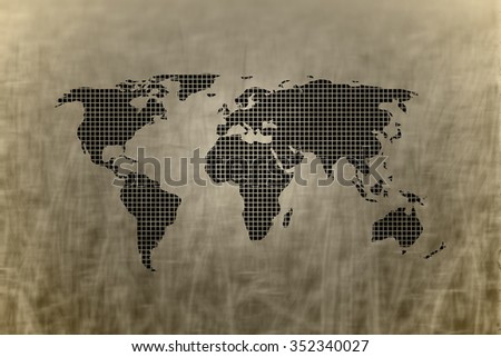 map of world create to black grid on blurred, abstract paddy rice field background