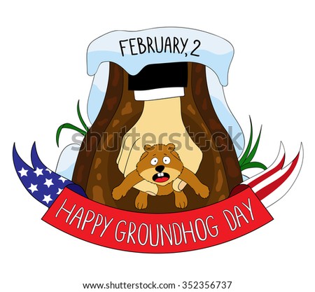 Groundhog in its hole. Happy groundhog day