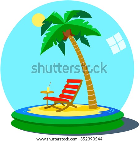 Deserted island in glass ball with easy chair and cold drink