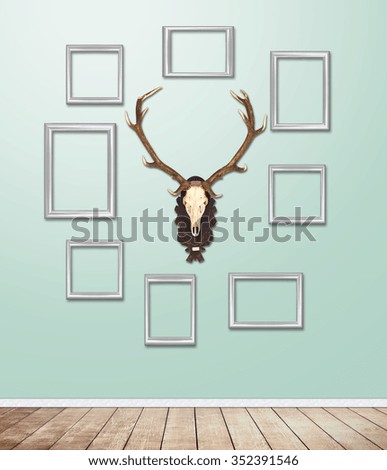 Silver Frame decor with antler hang on wallpaper with light flare.