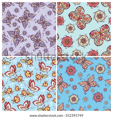 Set of seamless pattern with flowers and butterflies. Vector background.