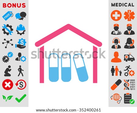 Drugs Garage vector icon. Style is bicolor flat symbol, pink and blue colors, rounded angles, white background.