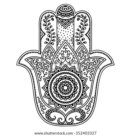 Hamsa hand drawn symbol. Decorative pattern in oriental style for interior decoration and henna drawings. The ancient sign of "Hand of Fatima". Royalty-Free Stock Photo #352403327