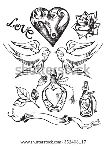 Set of hand-drawn graphic romantic elements. Design concept of Valentine's Day. Vector illustration.