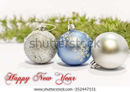 Happy new year blue and gray decorative ball on the white background