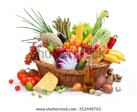 Large variety of food / studio photography of basket with foodstuff - on white background. Close up. High resolution product