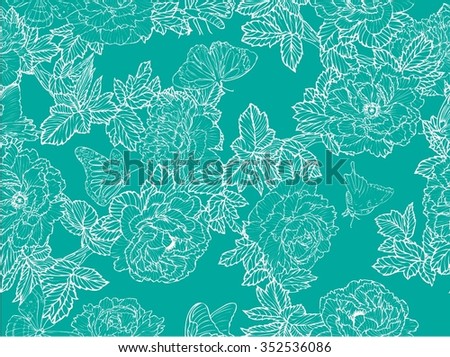 Seamless floral pattern with bouquet of colorful flowers and butterflies on a white background. Peonies, roses, sweet peas, bell. Vector illustration