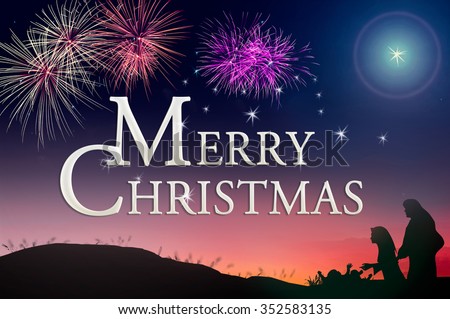 Nativity Christmas concept: Text for "Merry Christmas" over colourful night with fireworks
