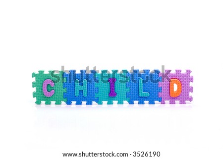 Colorful toy letters on spelling CHILD isolated in white background