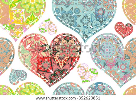 Patchwork colorful pastel hearts. Seamless pattern. Scrapbooking series. Vector background.