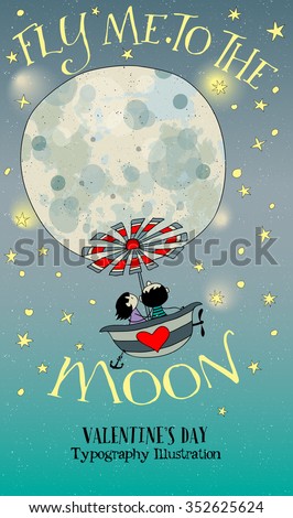 Valentine's Day Illustration - Cartoon couple flying to the Moon in a properly equipped bath tub. Hand drawn whimsical style vector