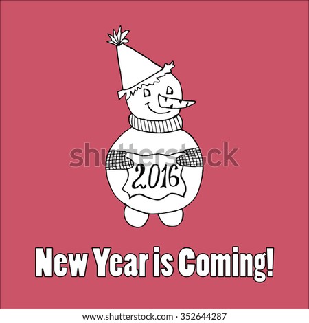 Doodle for New Year. Hand drawn design element. Funny creature holding banner with 2016 digits for holiday project.