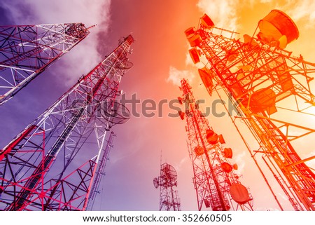 Telecommunication mast TV antennas wireless technology with blue Royalty-Free Stock Photo #352660505