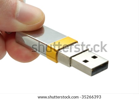  Flash drive in hand isolated on white background