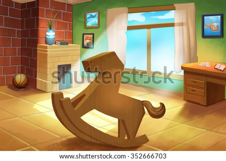 Illustration For Children: Little kids' Room with a Wooden Horse Rocking Chair. Realistic Fantastic Cartoon Style Artwork / Story / Scene / Wallpaper / Background / Card Design