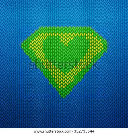 Knitted superman vector illustrated icon with Green heart shape. Pop-art design. Hero logo for winter background. With love to nature emblem. Ecology save nature concept. Creative eco background.