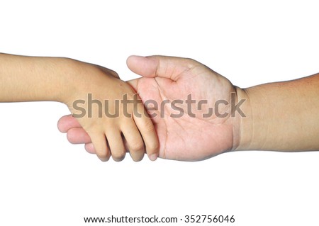 kid hand hold adult fingers isolated on white
