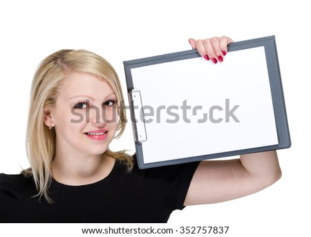 Happy smiling young business woman showing blank signboard, isolated on white