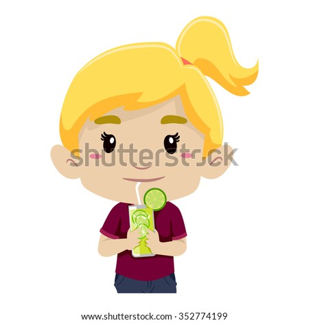 Vector Illustration of a Girl Drinking Glass of Lemonade