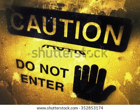 Sign in front of broken elevator door: "caution _ do not enter"
