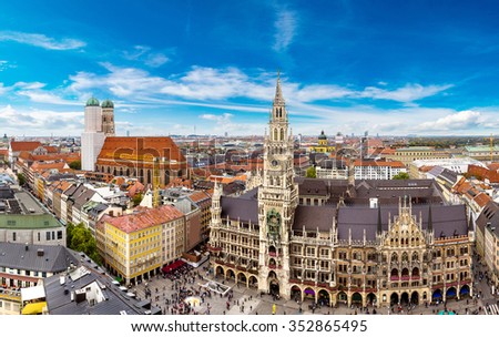 Aerial view on Marienplatz town hall and Frauenkirche in Munich, Germany Royalty-Free Stock Photo #352865495
