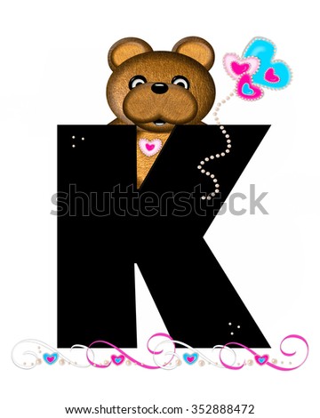 The letter K, in the alphabet set "Teddy Valentine's Cutie," is black.  Brown teddy bear holds heart shaped balloons in pink and blue.  String of pearls serve as string.