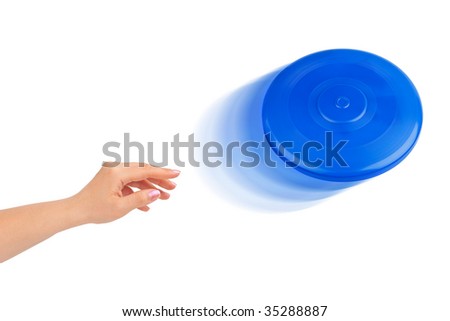 Hand and flying disc isolated on white background