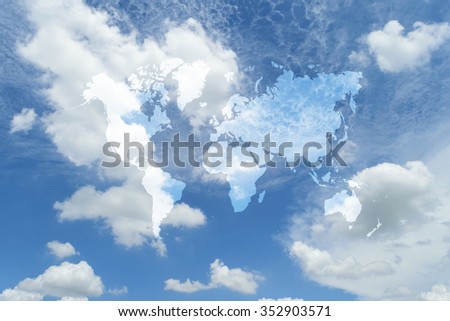 Nature cloudscape with blue sky and white cloud with world map (Outline elements of world map image from NASA public domain)
