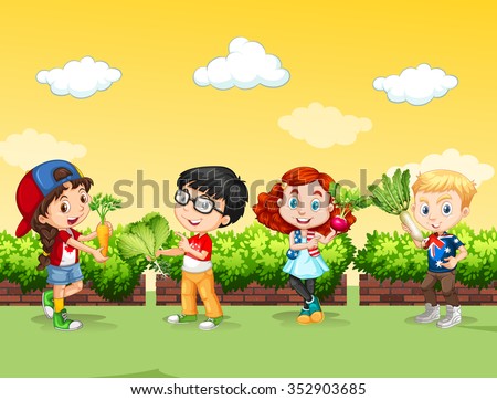 Children with fresh vegetables illustration