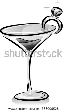 Black and White Illustration of a Wine Glass with a Ring Clipped to It